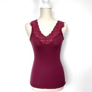 BCBGMaxAzria Silk Rib Knit Lace Burgundy V-Neck Tank Top